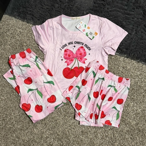 3 Pc Cherry Print Kids Pajamas Set Size 6-7 NWT
